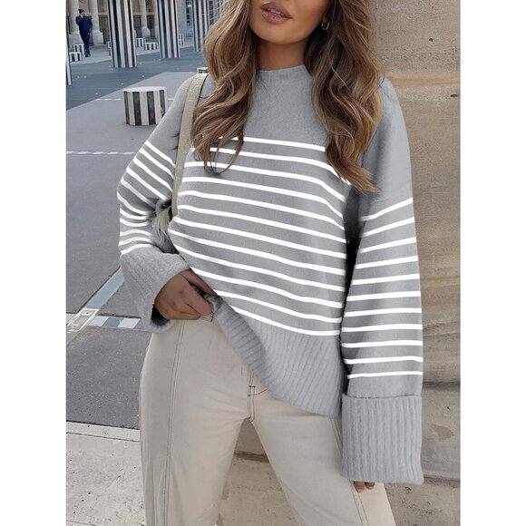 Women's Grey White Stripe Oversized Long Sleeve Casual Fuzzy Knit Sweaters - Picture 2 of 9